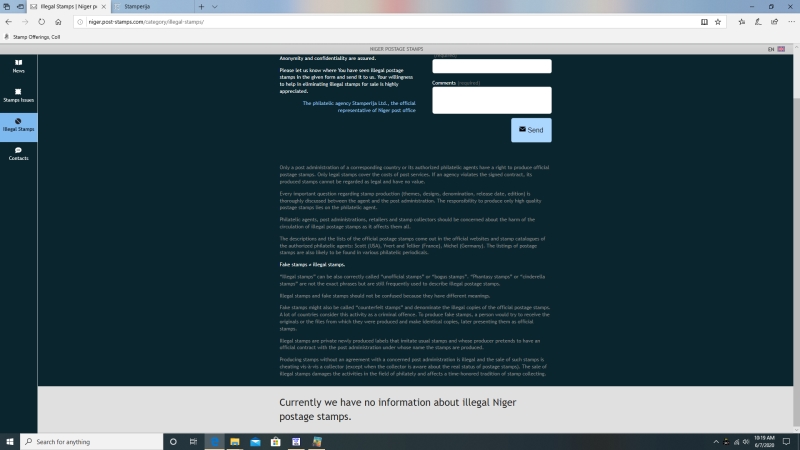Stamperija Webpage for Reporting Illegal Stamps for Niger Snapshot Taken 6-7-2020